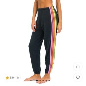 Aviator Nation Black Joggers with Pastel rainbow 5 stripes